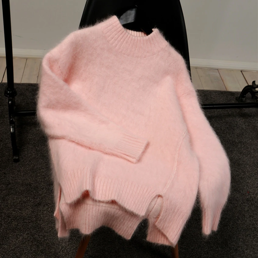 

JSXDHK New Arrival Women Loose Pullover 2021 Fashion Winter Pink Mink Cashmere Thick Warm Knitting Casual Split Soft Sweater