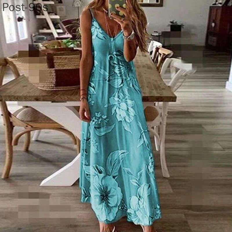 

S-8XL Plus Size Women Maxi Dress Summer Casual Sexy Boho Printed Long Dresses Sleeveless V Neck Ladies Dress Loose Vestido