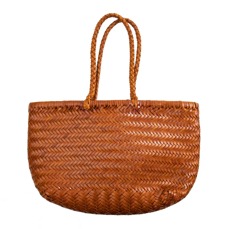 

Retro Ins European and American Leather Imported Regenerated Cowhide Hand-knitted Handbag and Vegetable Basket Shoulder Bag