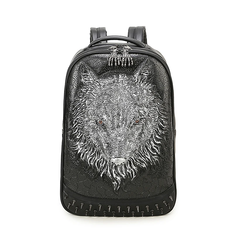 

New Fashion 3D Embossed Wolf Backpack bags for Men unique male Bag Mochilas Rivet Cool bag For Teenagers Laptop Travel Bags