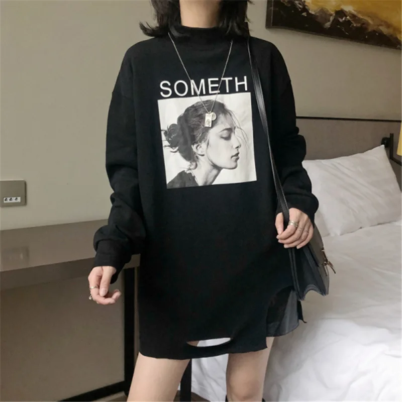 

Fall/winter New White O-neck Bottoming Shirt Women Loose Mid-length With Holes And Velvet Long-sleeved T-shirt Jacket