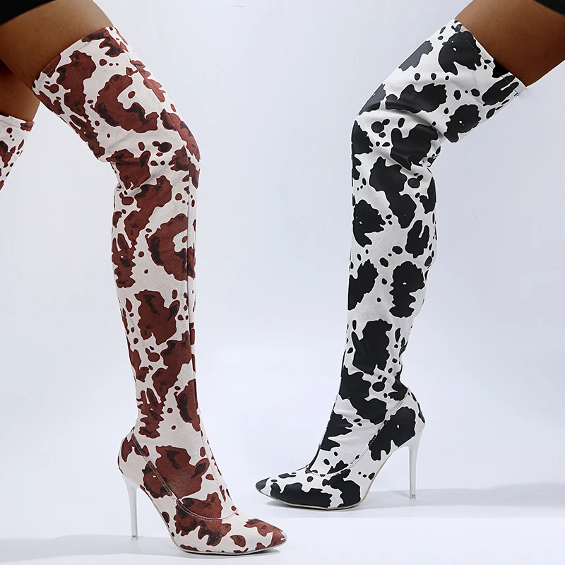 

Ladies Over The Knee Boots Cow Print Boots PU Leathrt Sexy High Heels Zipper Autumn Boots Thin Heel Female Shoes 35-43