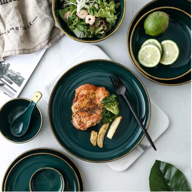 Посуда зеленый керамический столовый сервиз Золотая инкрустация фарфоровая