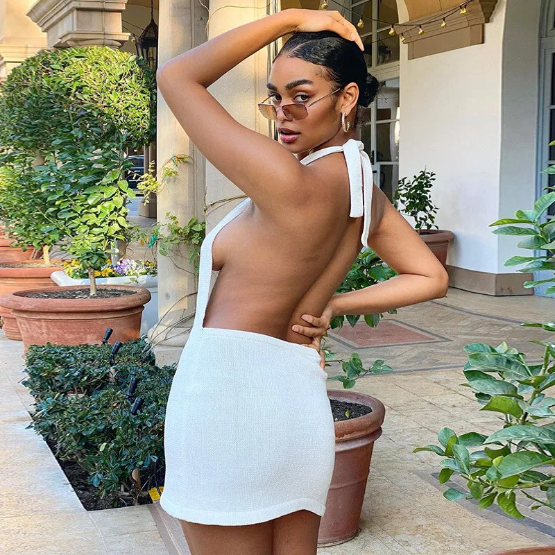 

CNYISHE Sexy Halter Backless Dresses Bandage Party Off Shoulder Sleeveless Knitted Dress Streetwear Beach Holiday Lace Up Robes