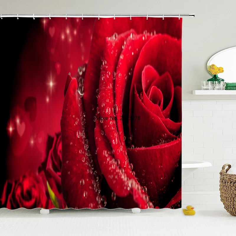 

Red Rose Shower Curtain Bath Screen Flower Bathroom Curtains Waterproof Polyester Cloth Home Decoration 180*180cm With Hooks