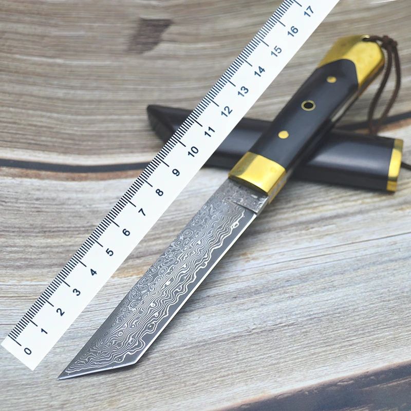 New VG10 Damascus Steel Knife Japanese Style,Outdoor Tactical Survival Camping Tool,Brass&Ebony Handle,Wood Sheath With Gift Box