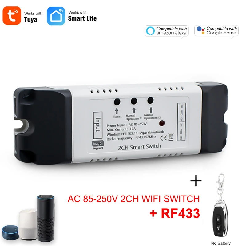 

Tuya Smart Life Wifi Smart Light Switch Module 7-32V 85-250V Inching RF 433 Receiver 10A Relays Work With Alexa Google Home
