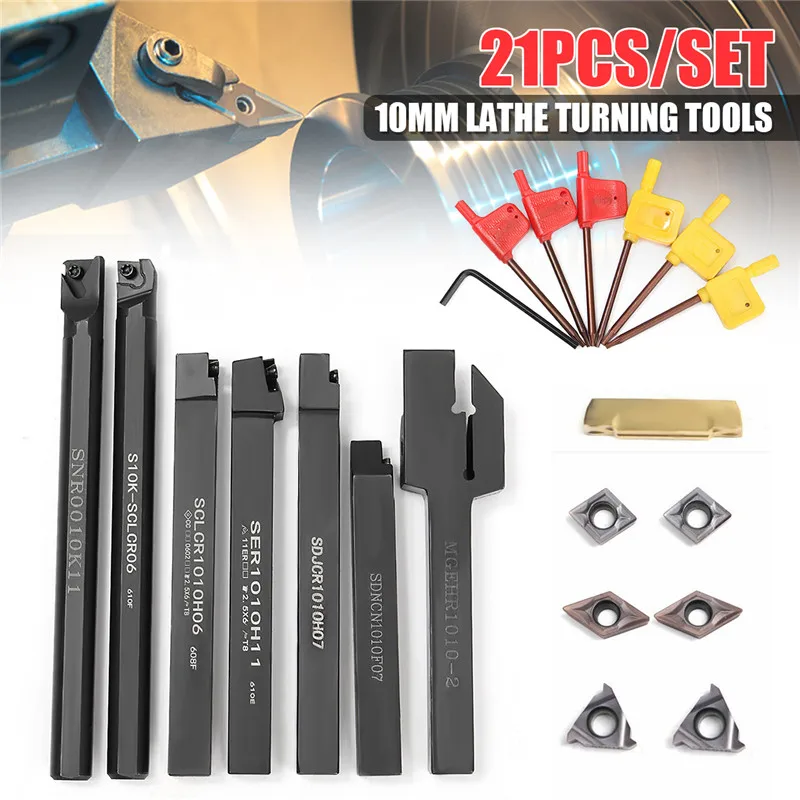 

21Pcs/Set Shank Lathe Turning Tool Holder 10mm Boring Bar With DCMT CCMT Carbide Insert And Wrenches For Lathe Turning Tool