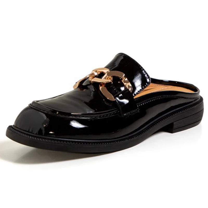 ?? 奪う猫2021快適プラス女性スリッパミュール金属装飾スクエアトゥフラットバックストラップシューズ2.5センチメートルチャンキーヒールUS9黒ベージュa4302