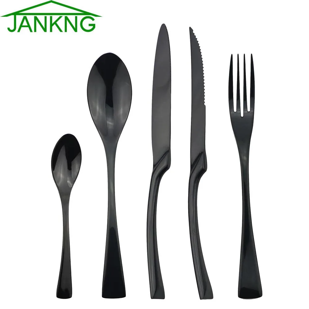 JANKNG 20Pcs 18/10 Stainless Steel Dinnerware Set Black Dinner Spoon Fork Knife Cutlery Set Tableware Set Service For 4