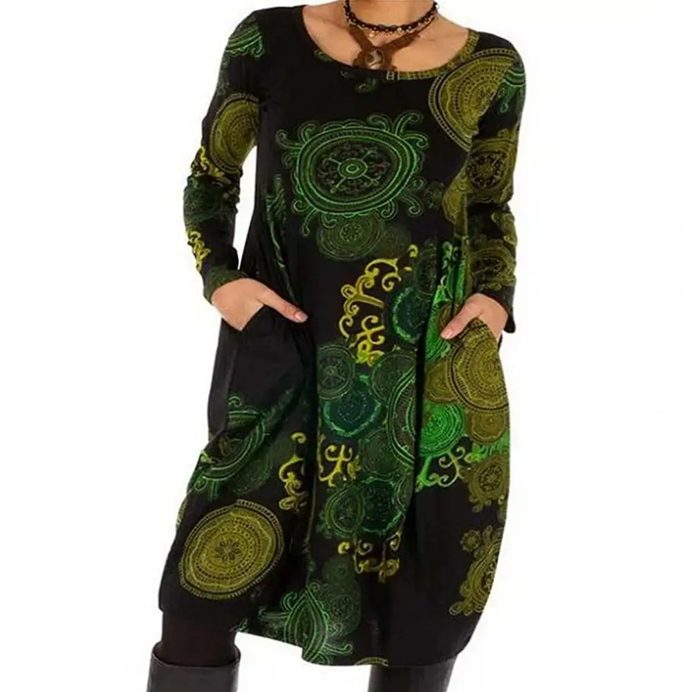 

Женское винтажное платье до колен, повседневное ретро-платье с длинным рукавом и круглым вырезом, карманами и цифровым ретро-принтом, 2021