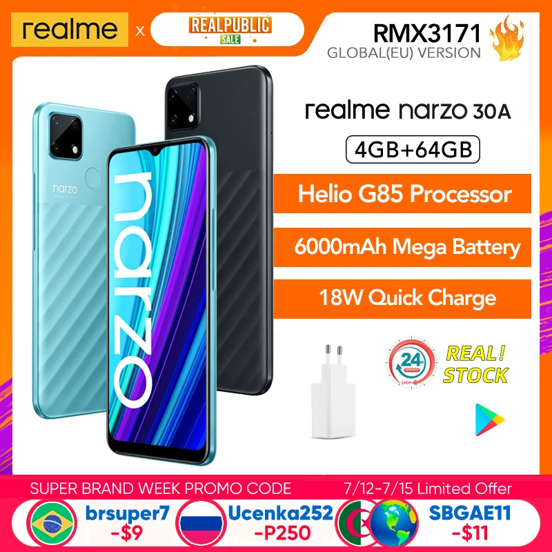 Realme NARZO 30A 30 A 4 Гб Оперативная память 64 Встроенная Мобильный телефон Глобальная