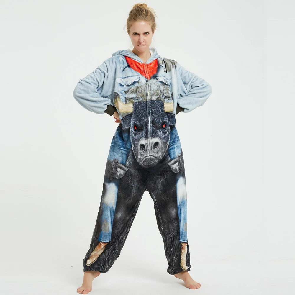 Popular Animal Cattle Pajamas Unisex Adult One-Piece Cosplay Sleepwear Women Winter Flannel Onesies Christmas Halloween Costume