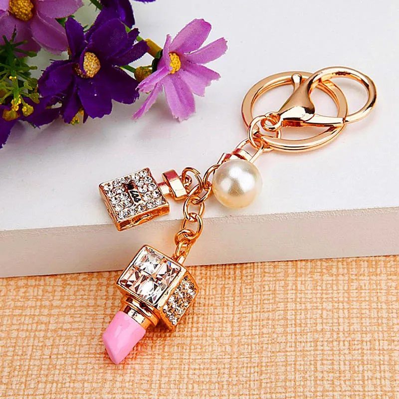 

New Arrival Rhinestone Lipstick Perfume Bottle Keychain Women's Bag Pendant Key Holder Jewelry Gift For Female