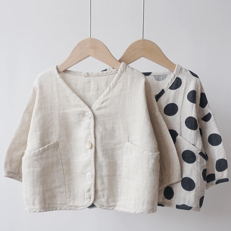 Kids Boys Girls Cotton Linen Solid Polka Dot Cardigan Korea Style Loose Casual Autumn/spring Outwear Coat | Детская одежда и обувь