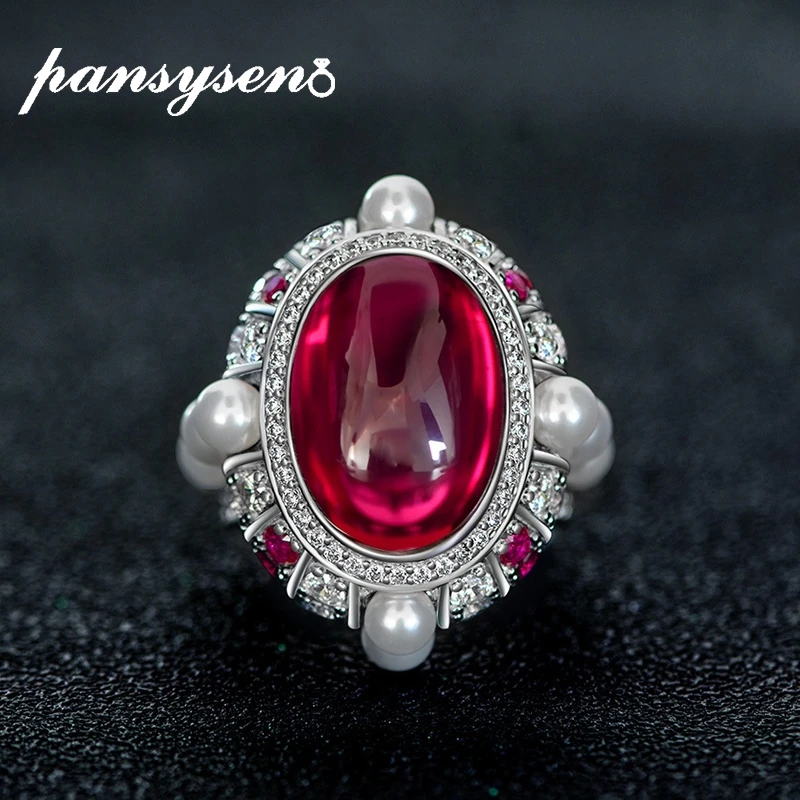 PANSYSEN Vintage 925 Sterling Silver Huge Oval Ruby Pearl Gemstone Diamond Engagement Ring Wedding Bands Fine Jewelry Wholesale