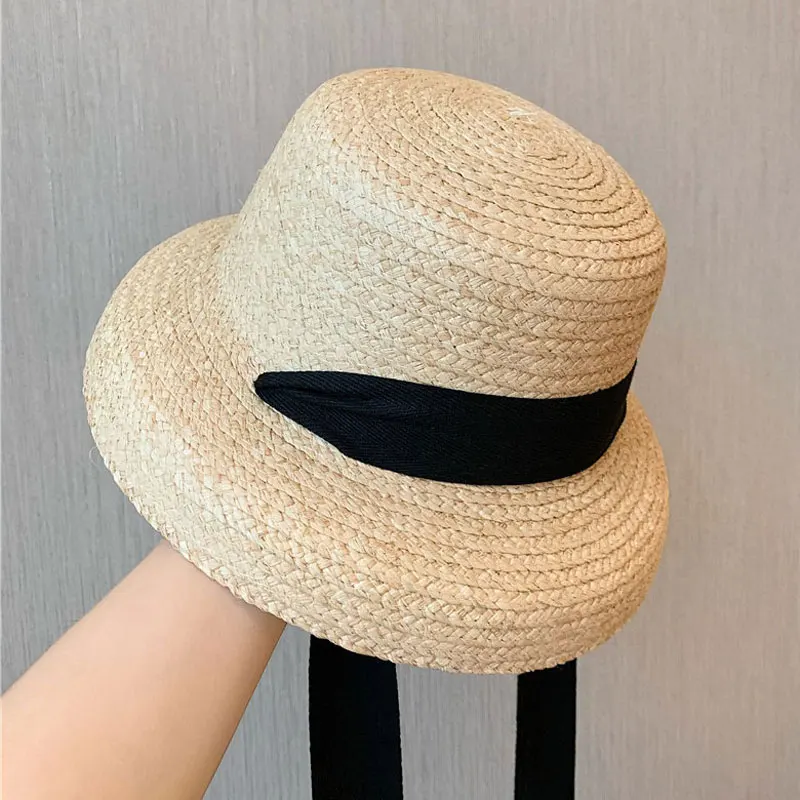 

New Panama Hats For Women Large Brim Beach Sun Hats With Fashion Long Belt Visor Hat Raffia Straw Bucket Summer Bonnet Enfant
