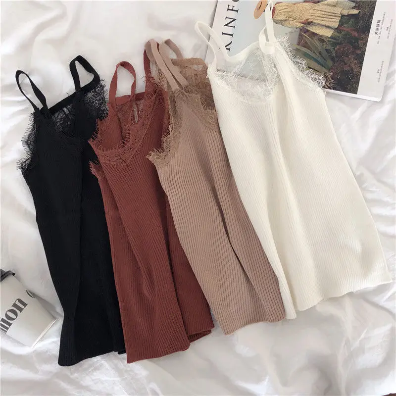 

Hong Kong vintage camisole women wear knitted lace v-neck slim bottoming shirt short summer fashion
