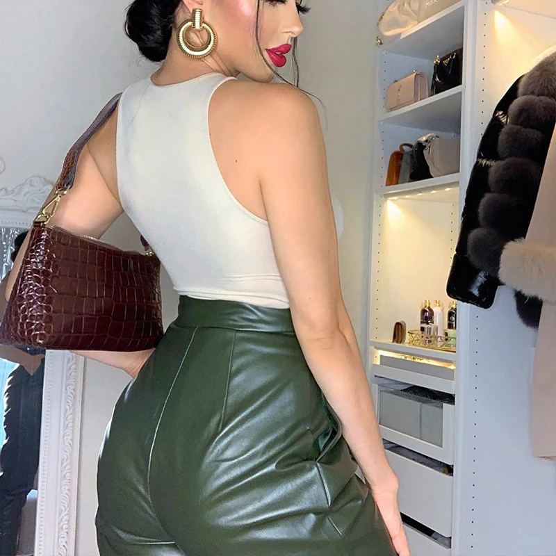 InstaHot Women Faux Leather Pant Autumn Pockets Button Loose Straight Casual Elegant Streetwear Solid Green Black Trousers | Женская