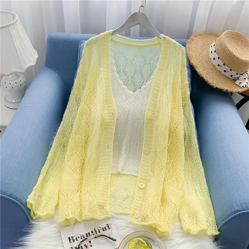 

Ice silk hollow thin knitted cardigan women loose loose spring and summer 2021 fashion new western casual sweater