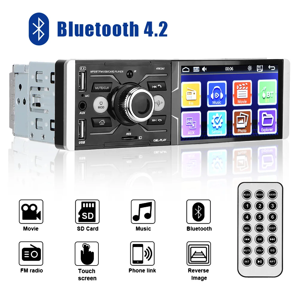 Автомагнитола с голосовым управлением, Bluetooth 4,2, стерео, аудио, MP5, видео, FM радио, плеер, мультимедийный сенсорный экран 4,1 дюйма, 12 В постоянного тока, зарядное устройство USB
