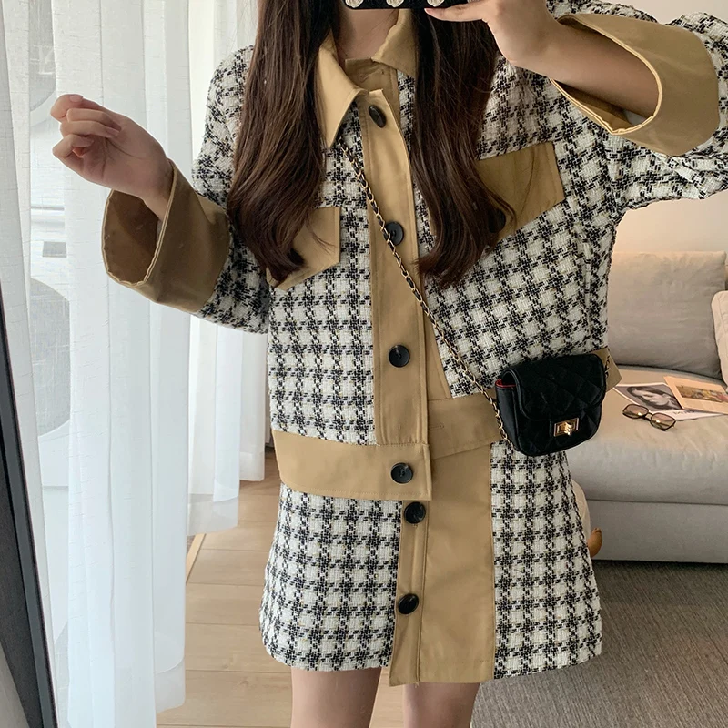 

Autumn Plaid Short Coat Skirt Two Piece Set Women Small fragrance wind Temperament Cropped Cardigan +irregular Mini Skirt Suits