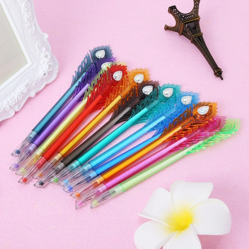 

W3JD 12Pcs Colorful Peacock Feather Shape Gel Ink Pen Refills Stationery School Gift