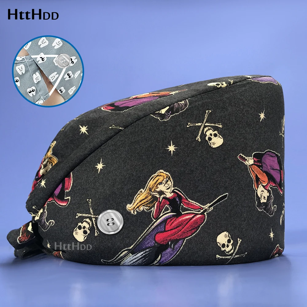 

Fashion Adjustable Hair Salon Spa Printed Scrub Cap Long Hair Available Work Cap Dentist Nurse Unisex Care Breathable Scrub Caps