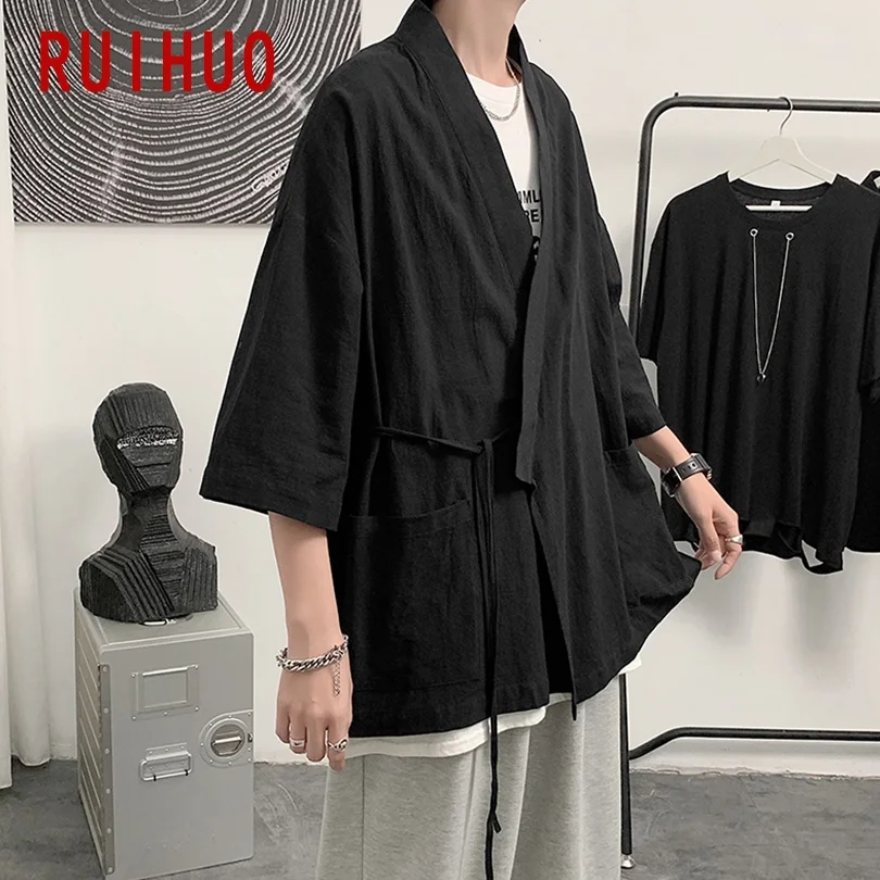 

RUIHUO Linen Solid Kimono Men Clothing Kimono Cardigan Tops Harajuku Shirt Men Summer Japanese Streetwear M-2XL 2021 Arrivals