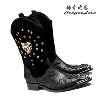 star personality mens shoes rivet embroider dragon pointed toe leather boots fashion patchwork mens boots cow suede big size