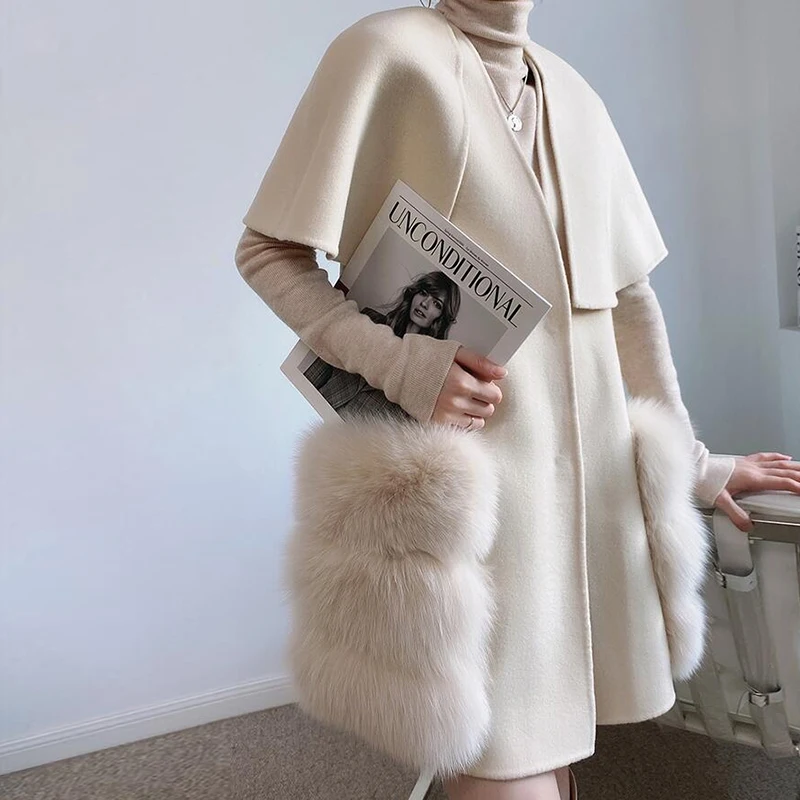 

New 2021 Fall Winter Luxury Women Real Lamb Wool cashmere Fur Vest waistcoat Stylish Long Real Fox Fur Jackets cloak coats