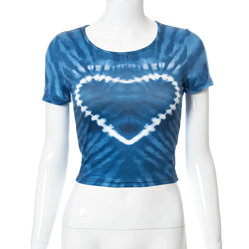 

E-girl Streetwear Tie Dye Short Sleeve T-shirts Y2K Aesthetics Heart Print O-neck Short Sleeve Baby Tees Blue Crop Tops