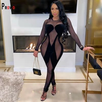prowow sexy women jumpsuits velvet mesh splice perspective bodycon outfits for night club long sleeve one piece romper plus size