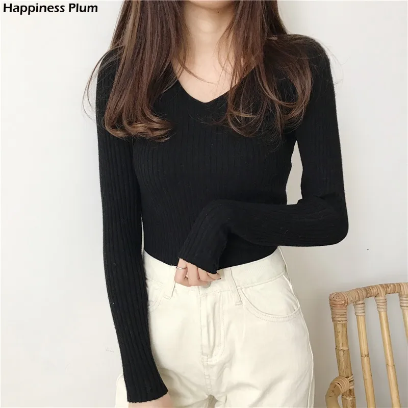 

Женский трикотажный пуловер, черный свитер с длинным рукавом и V-образным вырезом, одежда для осени и зимы