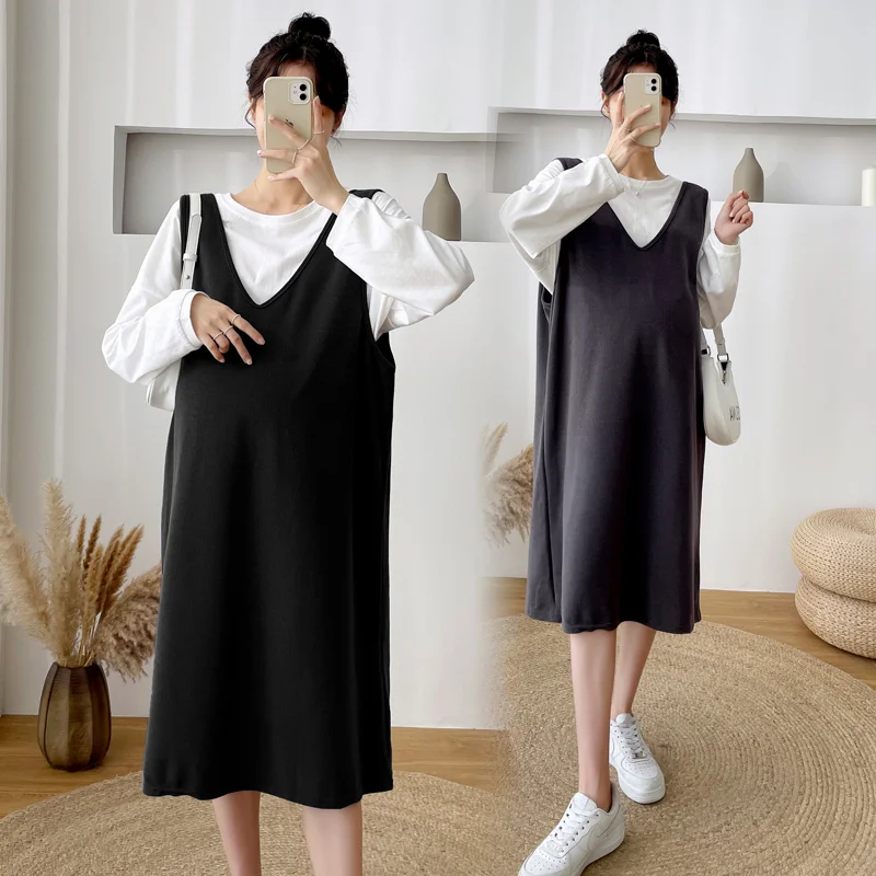

0191# Autumn Winter Korean Fashion Maternity Dress Sets White Tees + Vest Knitted Dress Suits Clothes for Pregnant Women Casual