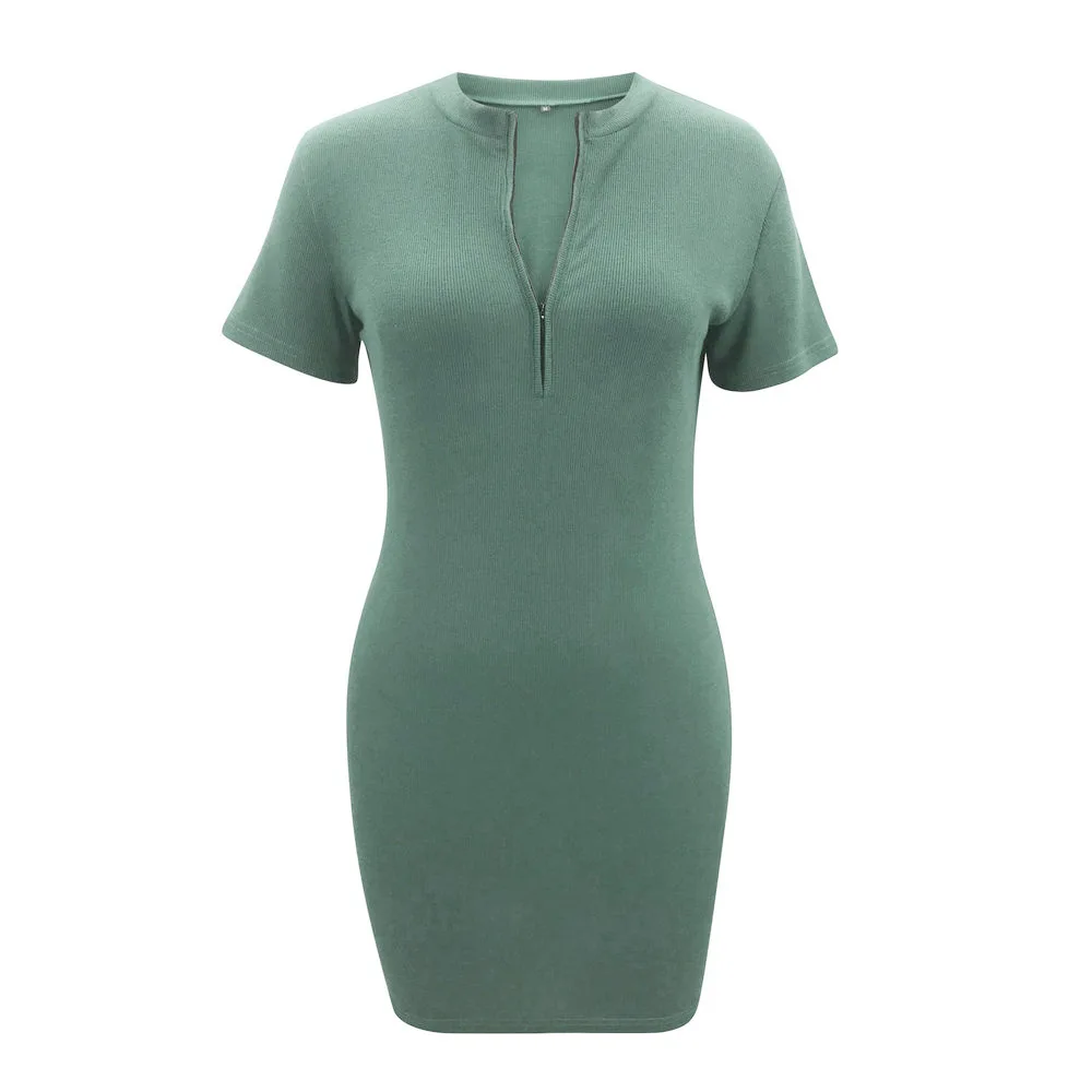 

Summer dress Sexy little high-necked zipper trim bag hip short-sleeved dress