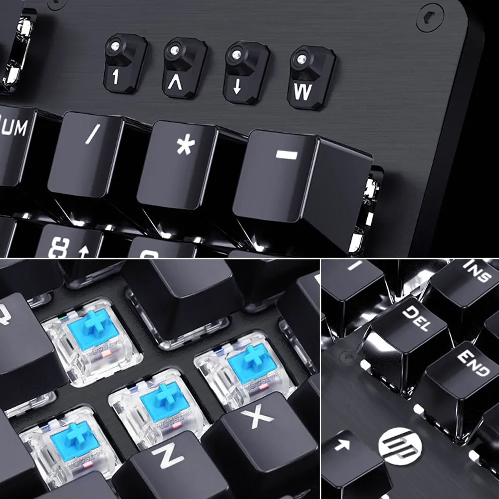 Hp GK100 Механическая игровая клавиатура с подсветкой, синий, красный переключатель, 104 клавиш, металлический цветной светодиодный компьютер с подсветкой, Проводная клавиатура для геймера