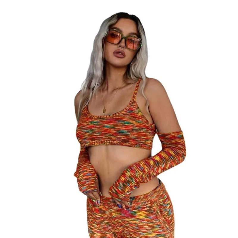 

Contrast color, sexy, slim, open navel, woolen suspender, two-piece sleeve set