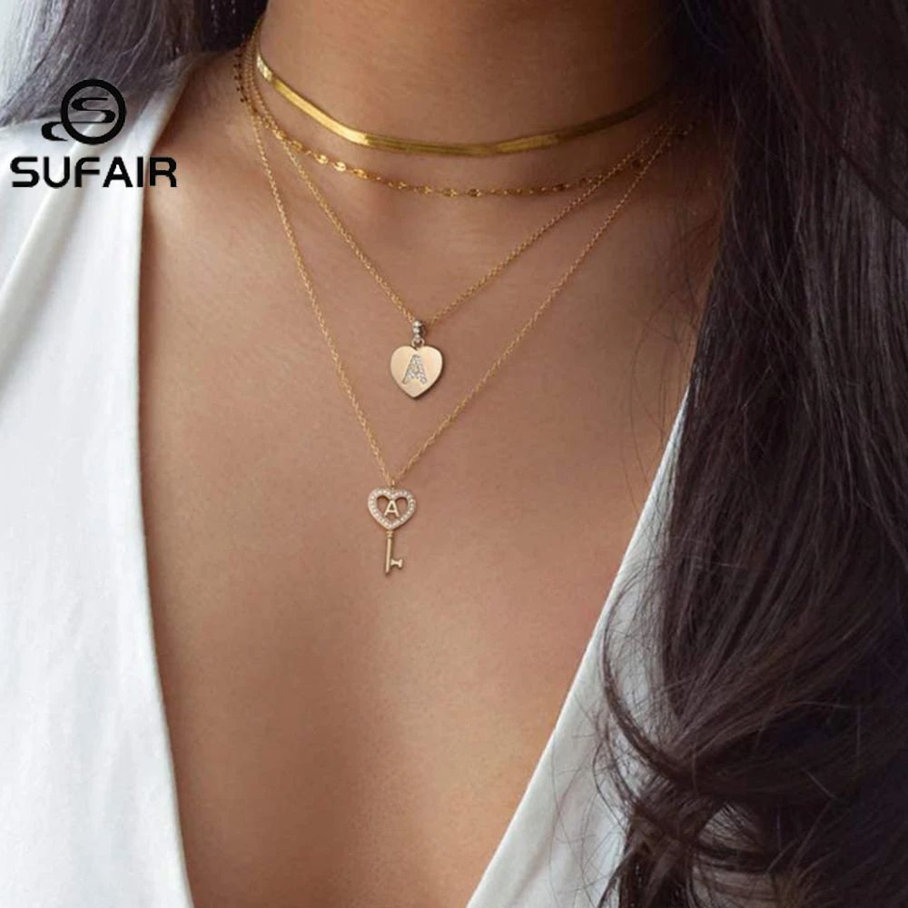 

Sufair Key Lock Heart Initial Necklace for Women 14K Gold Plated Cubic Zirconia Key Letter Pendant Chain Jewelry Gifts for Girl