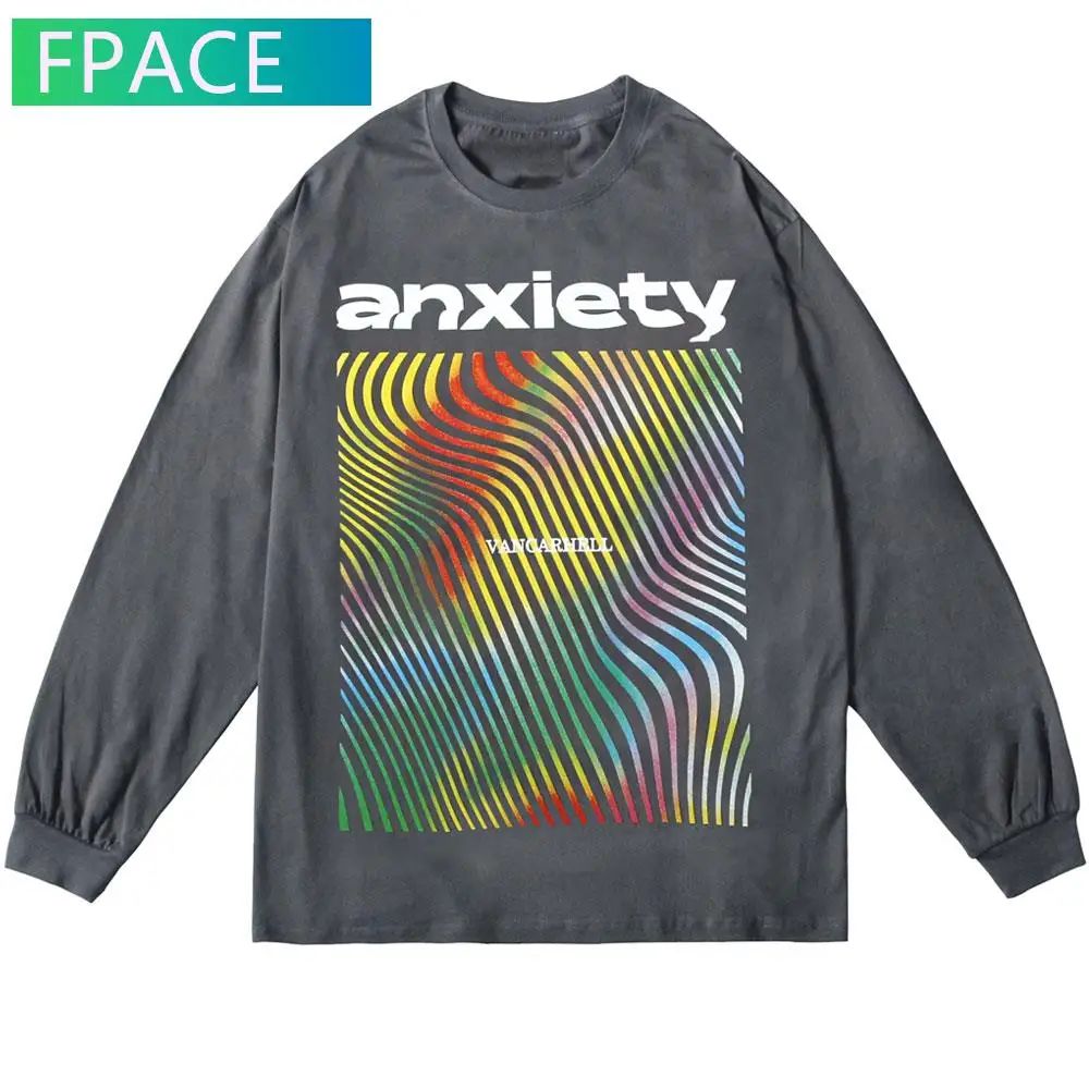 

FPACE Hip Hop Tshirts Streetwear Rainbow Stripes Print Long Sleeve Tees Shirts Harajuku Casual Punk Rock Hipster Cotton Tops