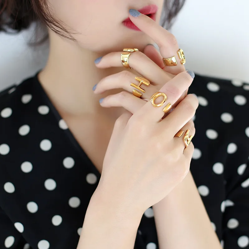 Модное кольцо с буквами английского алфавита золотого цвета простое украшение