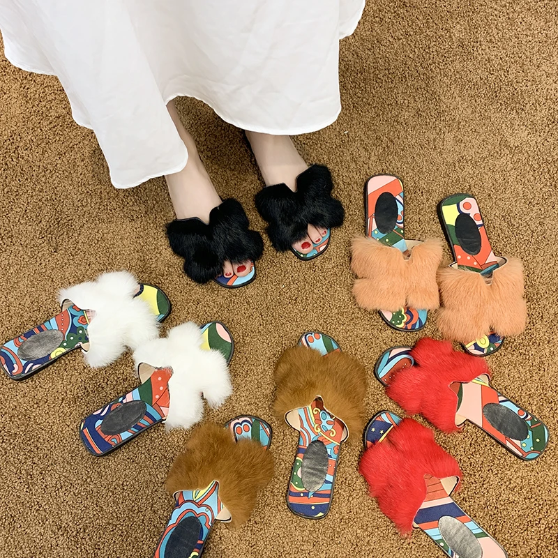 2019 г. модные женские меховые тапочки обувь из полихроматического материала