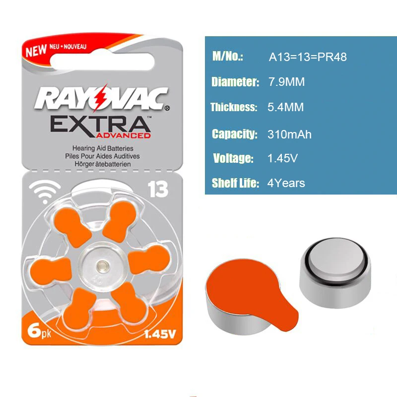 Аккумуляторы для слухового аппарата 6 шт./1 карта RAYOVAC EXTRA A13/PR48/S13 цинковые
