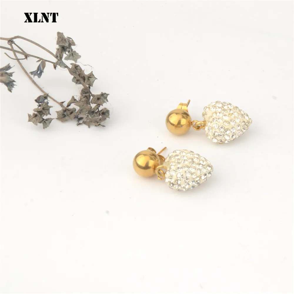 

XLNT 2019 All White Color Metal Crystal Heart Drop Earrings Lady Girls Handmade Party Statement Jewelry Accessories