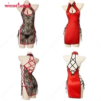 women sexy halter backless translucent lace cheongsam crossover strap sleeveless dress costume outfit