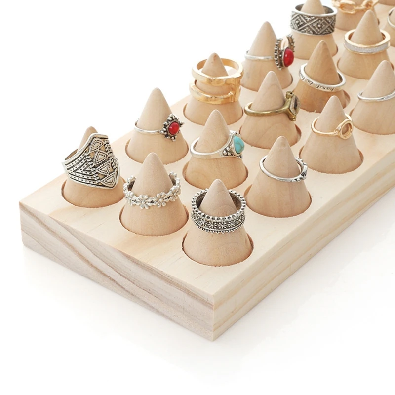 24 Solid Wood Jewelry Rings Display Stand Cone Storage Rack Organizer Holder Home Accessories