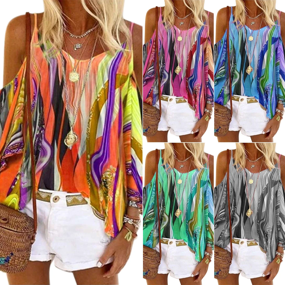 

S-5XL, женская блузка, рубашки для мальчиков с открытыми плечами сексуальный v-образный Вырез Топ с принтом Женская одежда Женская Повседневна...