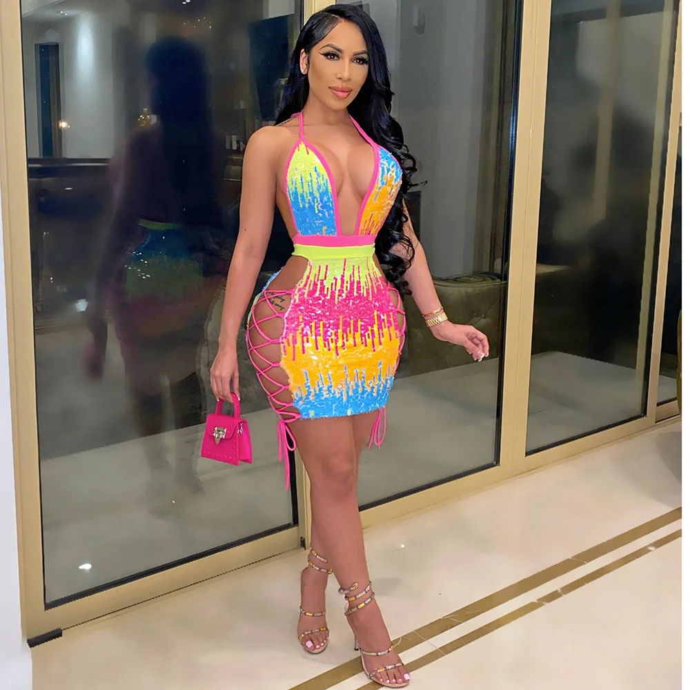 

Echoine Spring Colorful Rainbow Print Sequin V-neck Sexy Halter Lace Up Mini Dress Sleeve Hollow Out Bandage Party Club Dresses