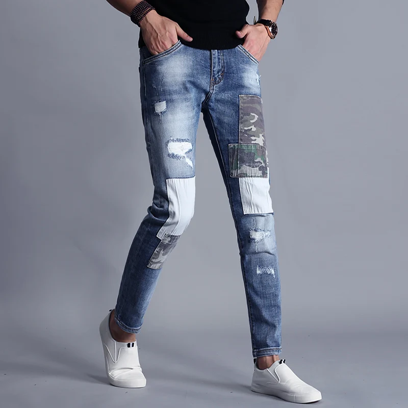 Джинсы в стиле пэчворк мужские рваные джинсы уличном тонкие брюки из стрейч