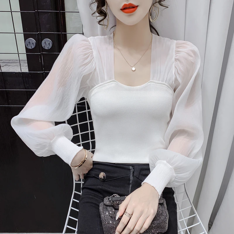 

Women's SexyMesh Chiffon Pullover Top Autumn 2021 New Splicing Square Neck Knitt Bubble Long Sleeve Blusas De Mujer